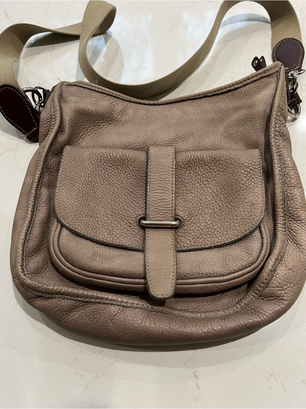 Roots Taupe-Brown Pebbled Leather Crossbody with Front Flap
